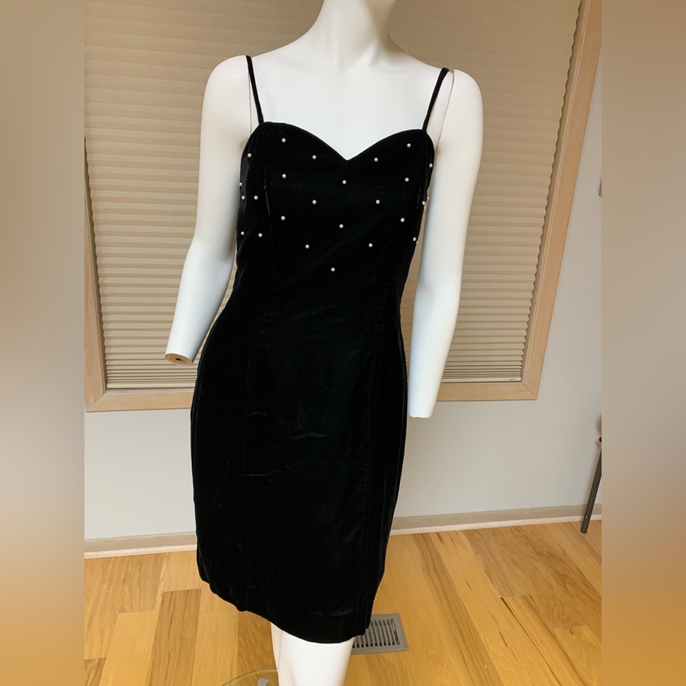 Positively Ellen Vintage black velvet mini dress with faux pearl beads. Like New